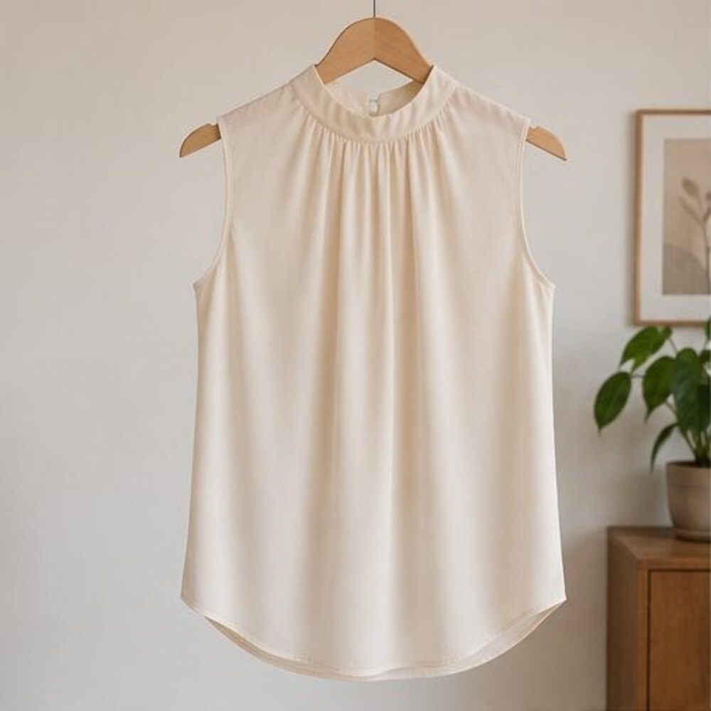 Cream Pleated High Neck Blouse